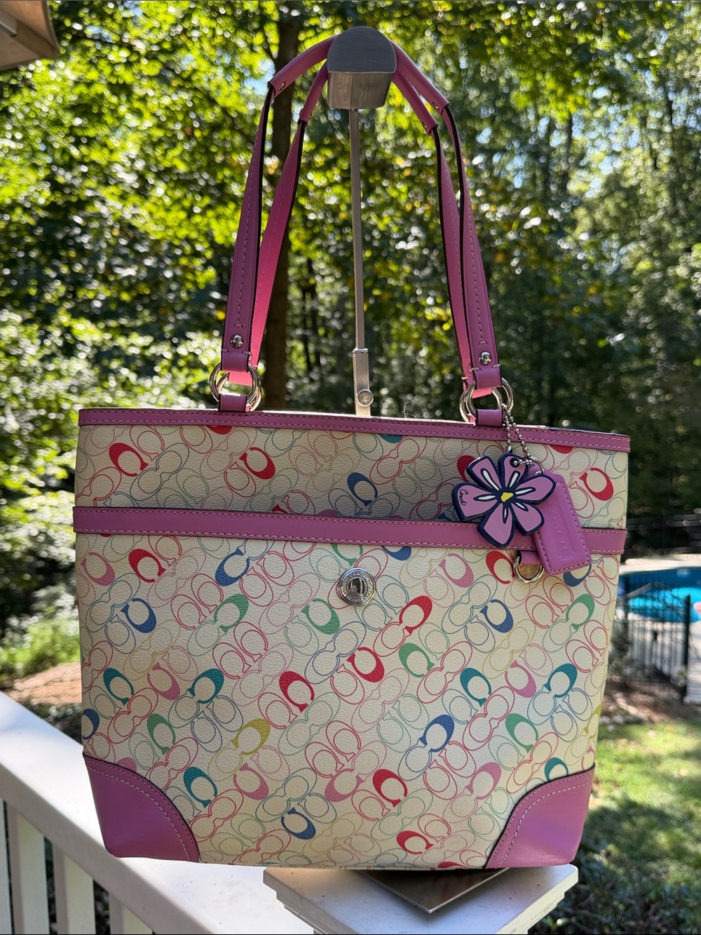 Coach Heritage Chelsea Multicolor Signature Tote Pink Trim and Flower Charm